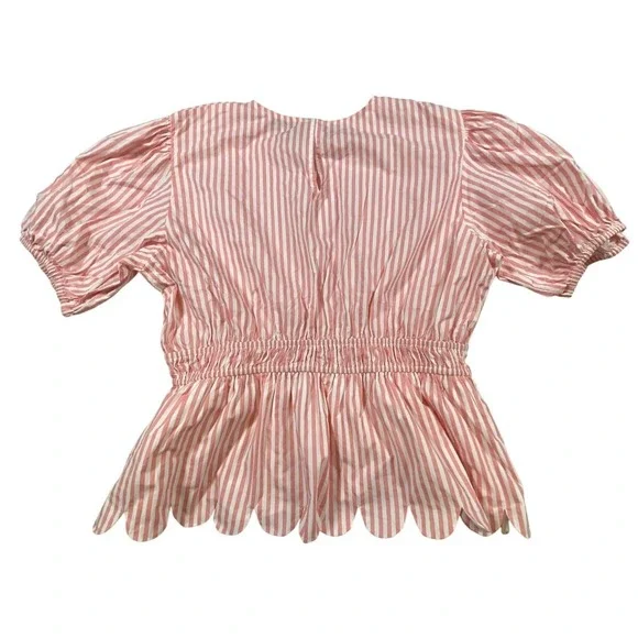 ENGLISH FACTORY Pink White Stripe Puff Sleeve Peplum Scallop Hem Top L‎ - Picture 4 of 13